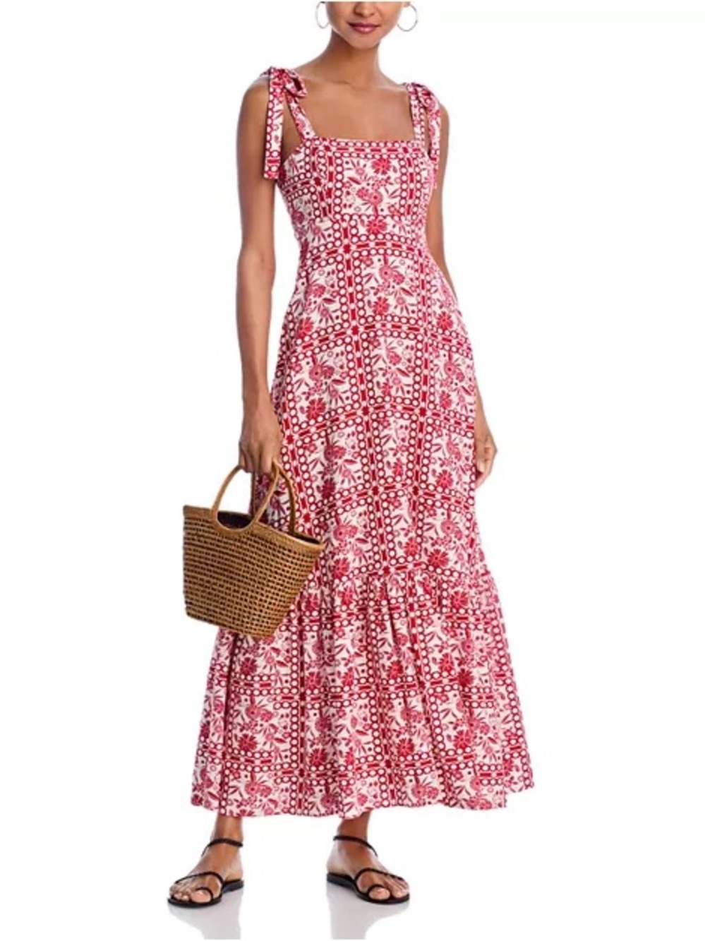 Aqua Red and White Floral Tie-Shoulder Maxi Dress